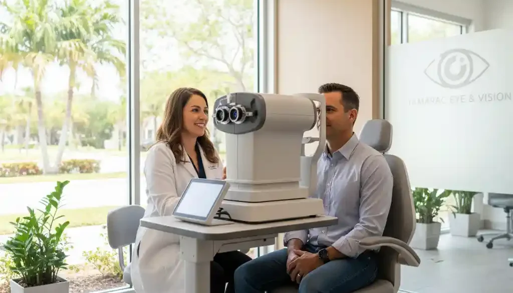 Patient receiving a comprehensive dry eye evaluation with advanced diagnostic technology at an eye clinic in Tamarac, Florida.