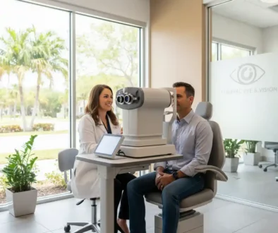 Patient receiving a comprehensive dry eye evaluation with advanced diagnostic technology at an eye clinic in Tamarac, Florida.