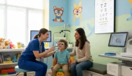 Child receiving a pediatric eye exam from an optometrist while a parent looks on in a modern clinic.