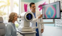 Patient undergoing glaucoma screening with OCT eye scan at modern eye clinic in Tamarac, Florida