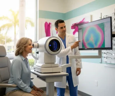Patient undergoing glaucoma screening with OCT eye scan at modern eye clinic in Tamarac, Florida