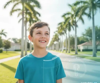 Child outdoors with clear vision without glasses illustrating orthokeratology (Ortho-K) treatment benefits in Tamarac, Florida