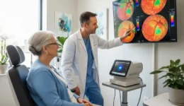 Elderly patient receiving a diabetic eye exam with retinal imaging for early detection of diabetic retinopathy.