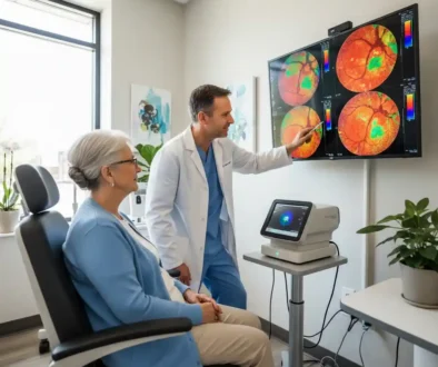 Elderly patient receiving a diabetic eye exam with retinal imaging for early detection of diabetic retinopathy.