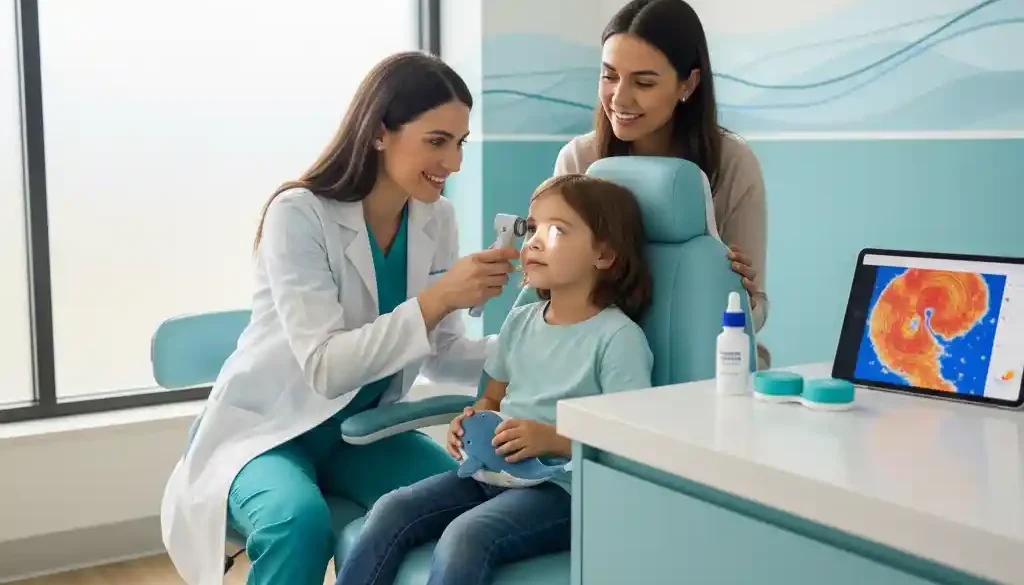 Pediatric eye exam for myopia control in Tamarac showing child with optometrist and treatments like atropine drops, Ortho-K lenses, and MiSight contacts