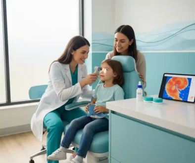 Pediatric eye exam for myopia control in Tamarac showing child with optometrist and treatments like atropine drops, Ortho-K lenses, and MiSight contacts