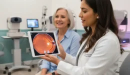 "An eye doctor in a modern clinical setting showing a smiling older patient their retinal scan results on a tablet."