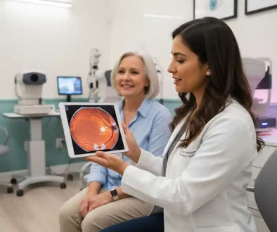 "An eye doctor in a modern clinical setting showing a smiling older patient their retinal scan results on a tablet."