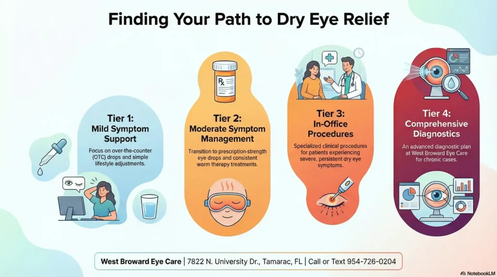 A decision-tree diagram showing four tiers of dry eye treatments ranging from OTC drops for mild symptoms to advanced diagnostics for chronic issues, including West Broward Eye Care's contact information.