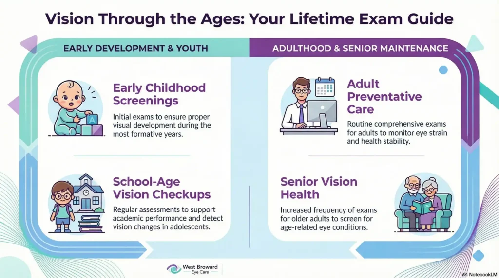 Recommended exam schedule by age group for West Broward Eye Care.