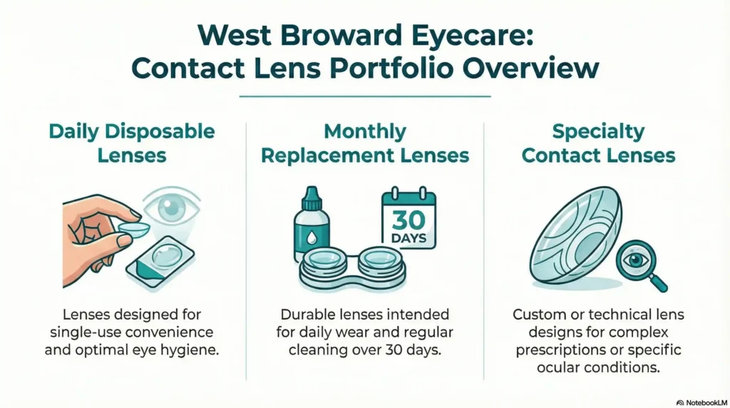Branded graphic showing contact lens logos categorized by daily, monthly, and specialty wear