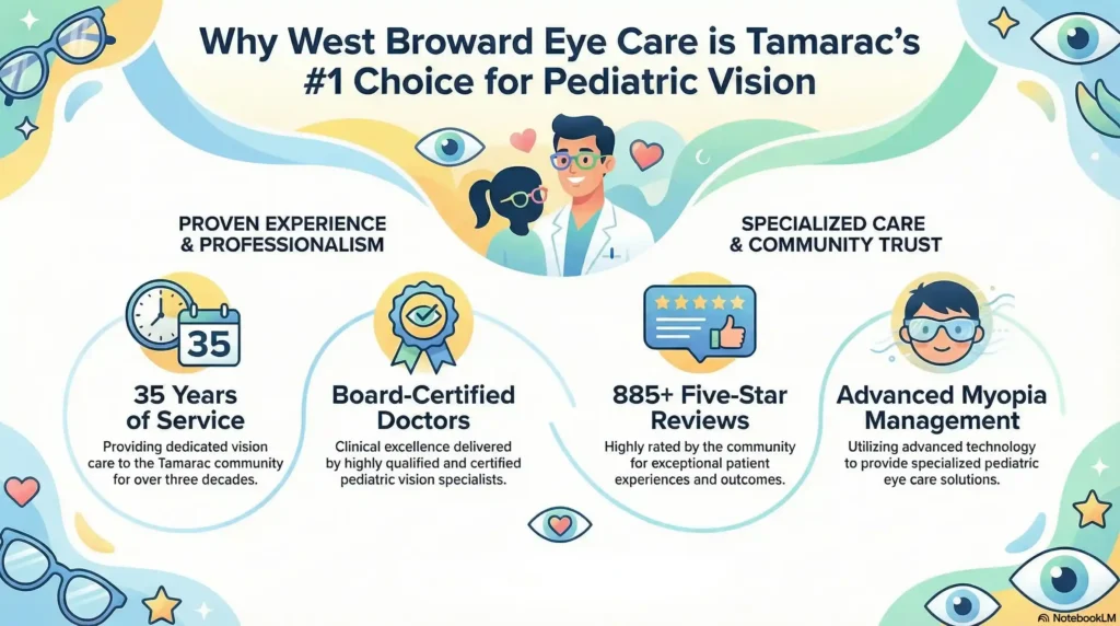 A branded trust infographic displaying five icons for West Broward Eye Care: 35 Years of Service, Board-Certified Doctors, Advanced Technology, Myopia Management Specialty, and 885+ Five-Star Reviews
