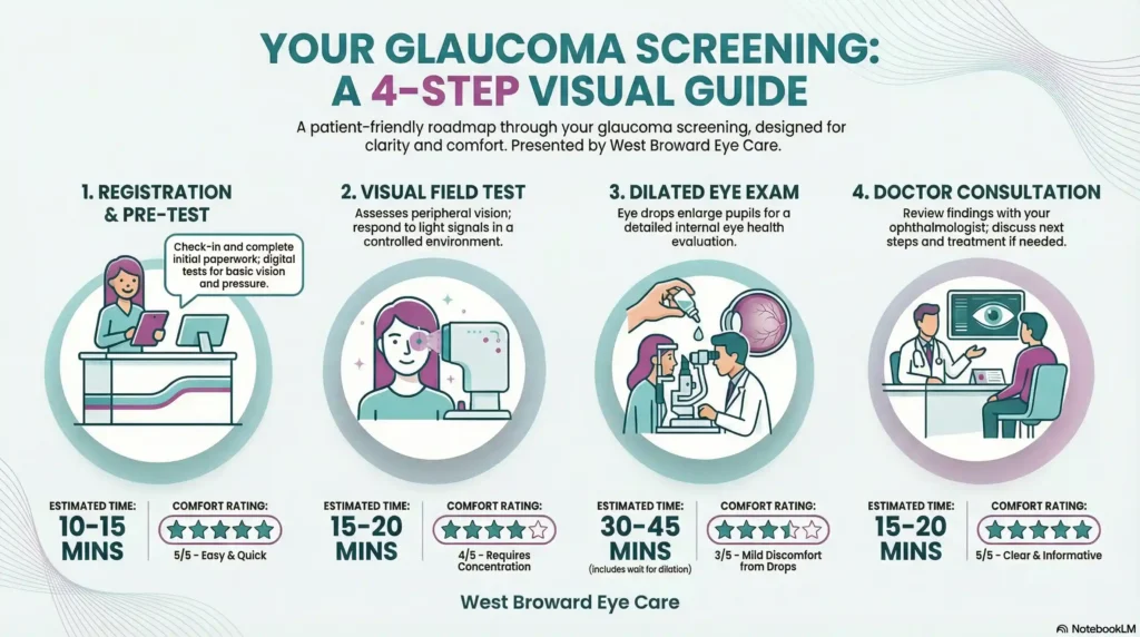 A flowchart showing 4 glaucoma screening steps with estimated times and 1-5 star comfort ratings.