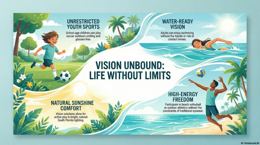 Split photo showing a smiling child playing soccer and an active adult swimming, both enjoying a glasses-free lifestyle in bright natural lighting.