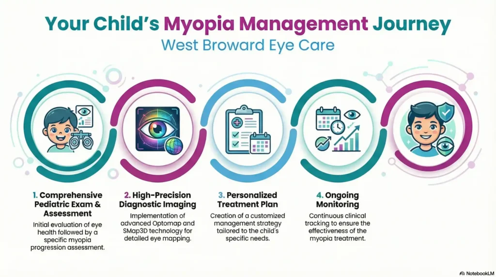 A flowchart detailing five myopia management steps: pediatric exam, progression assessment, diagnostic imaging, treatment plan, and ongoing monitoring.