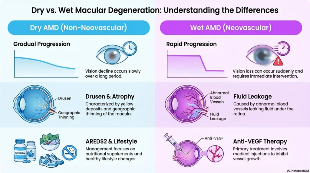 A two-column visual comparing Dry AMD (gradual progression, drusen deposits, treated with AREDS2) in blue to Wet AMD (rapid progression, fluid leakage, treated with anti-VEGF) in purple
