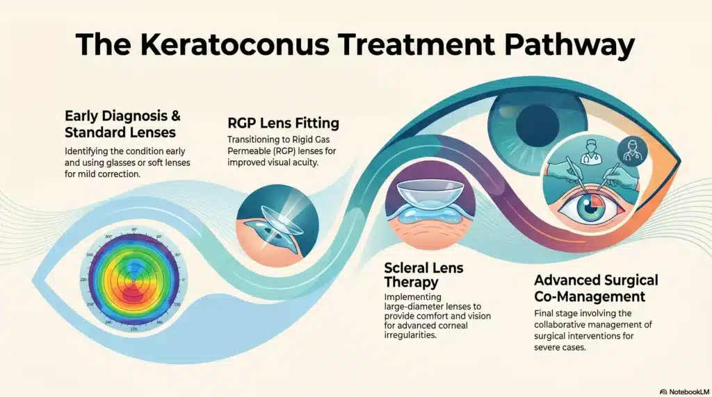 A horizontal progression infographic showing the four-stage keratoconus treatment journey using medical-grade iconography
