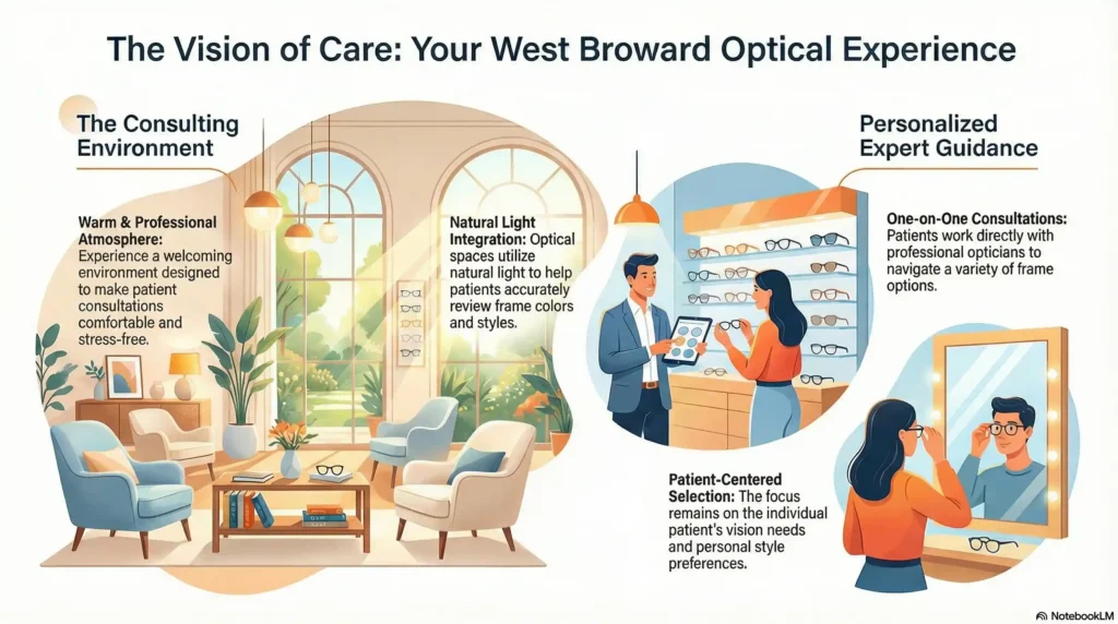 A patient and optician reviewing frame options at West Broward Eye Care.