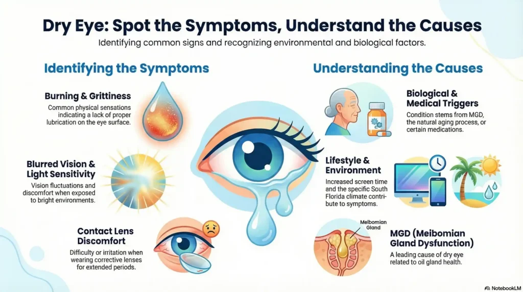 An infographic by West Broward Eye Care displaying common dry eye symptoms on the left and common causes on the right.