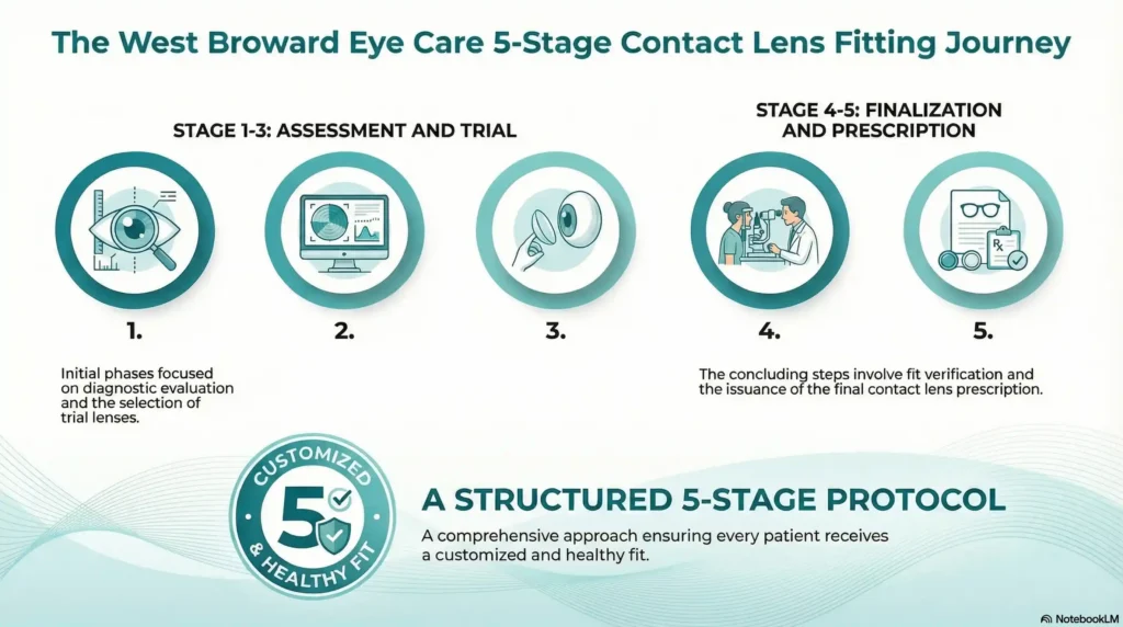 Infographic with icons showing the 5-stage contact lens fitting process at West Broward Eye Care on a teal and white background.