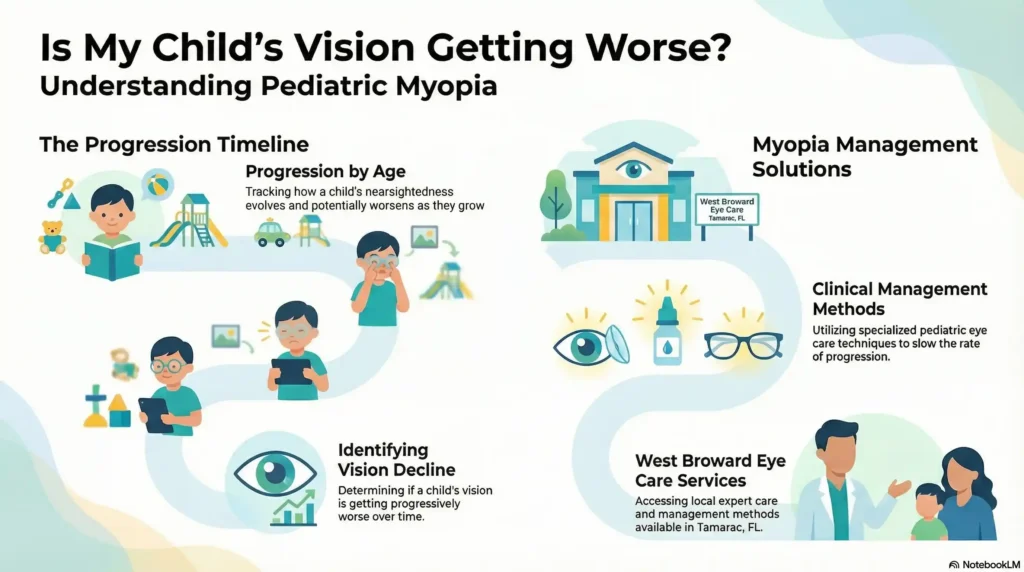 A visual timeline showing myopia progression by age alongside management methods at West Broward Eye Care.