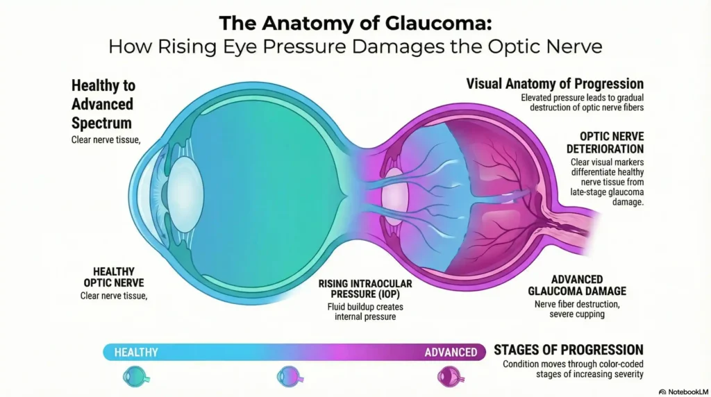 A color-coded diagram showing an eye cross-section, intraocular pressure (IOP) buildup, and the deterioration of the optic nerve.