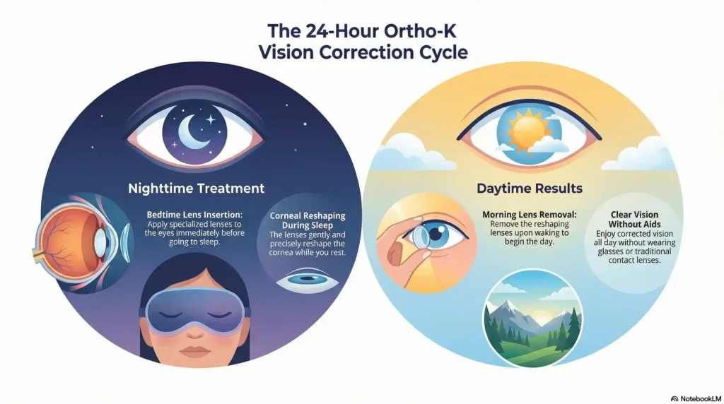 Clinical illustration outlining the four stages of the Orthokeratology vision correction cycle.