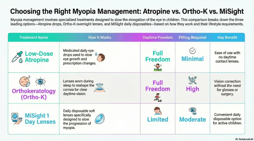 Infographic comparing Atropine, Ortho-K, and MiSight by mechanism, age, and key benefits.