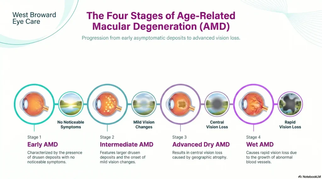A four-stage horizontal timeline showing Early, Intermediate, Advanced Dry, and Wet AMD, including their symptoms and vision quality icons