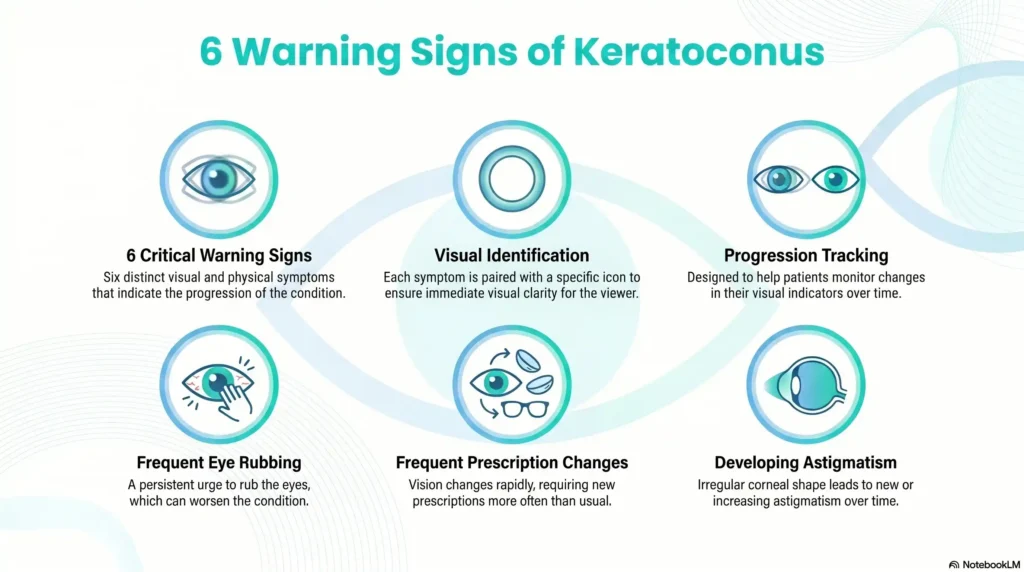 A clean infographic showing 6 keratoconus symptoms with simple icons in Medical Teal and Sky Blue
